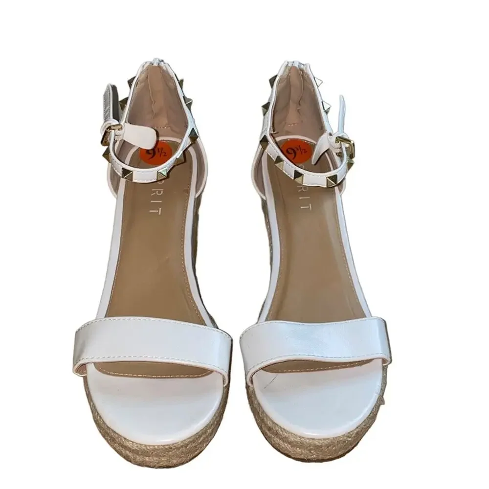 ESPRIT Romy Studded Espadrille Wedge Sandals Size 9.5 Ivory/Nude Ankle Strap